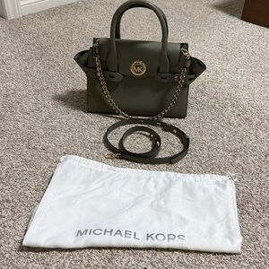 Michael Kors Carmen leather belted satchel, army green color